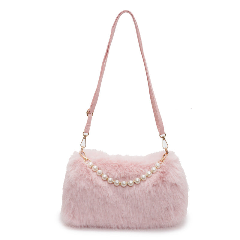 Plush Shoulder Bag with Pearl Chain