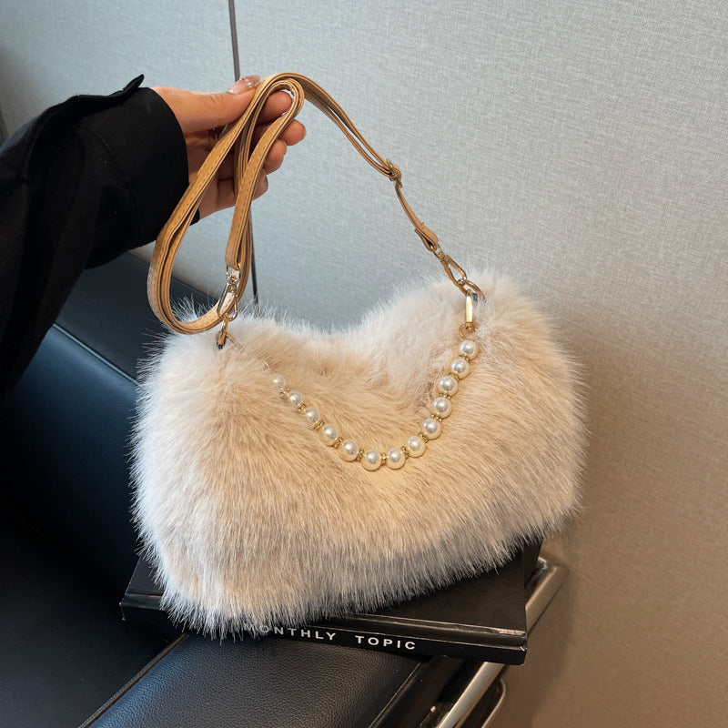 Plush Shoulder Bag with Pearl Chain