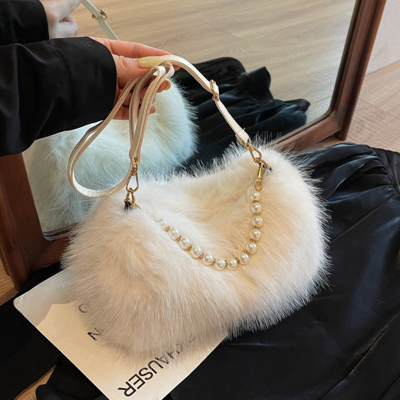 Plush Shoulder Bag with Pearl Chain