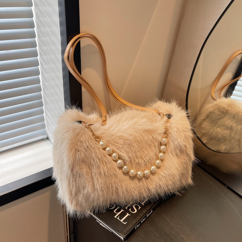 Plush Shoulder Bag with Pearl Chain