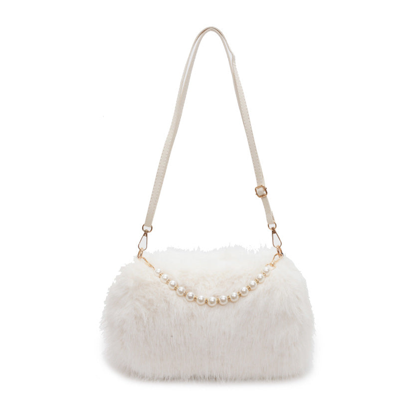Plush Shoulder Bag with Pearl Chain