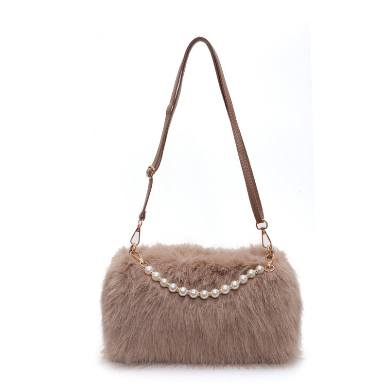 Plush Shoulder Bag with Pearl Chain