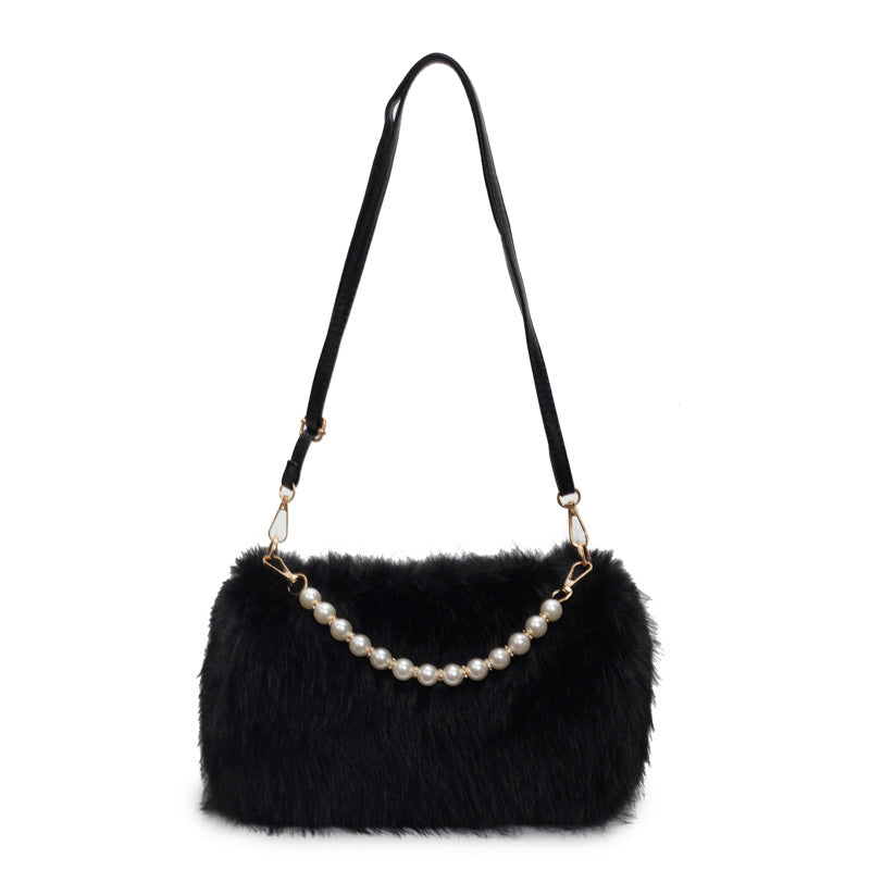 Plush Shoulder Bag with Pearl Chain
