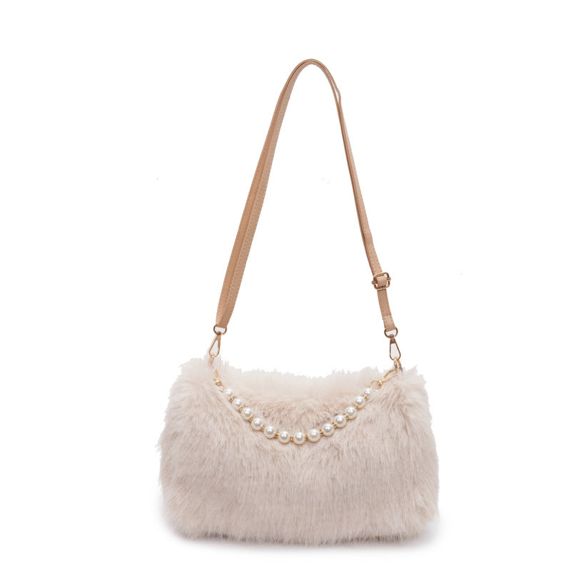 Plush Shoulder Bag with Pearl Chain