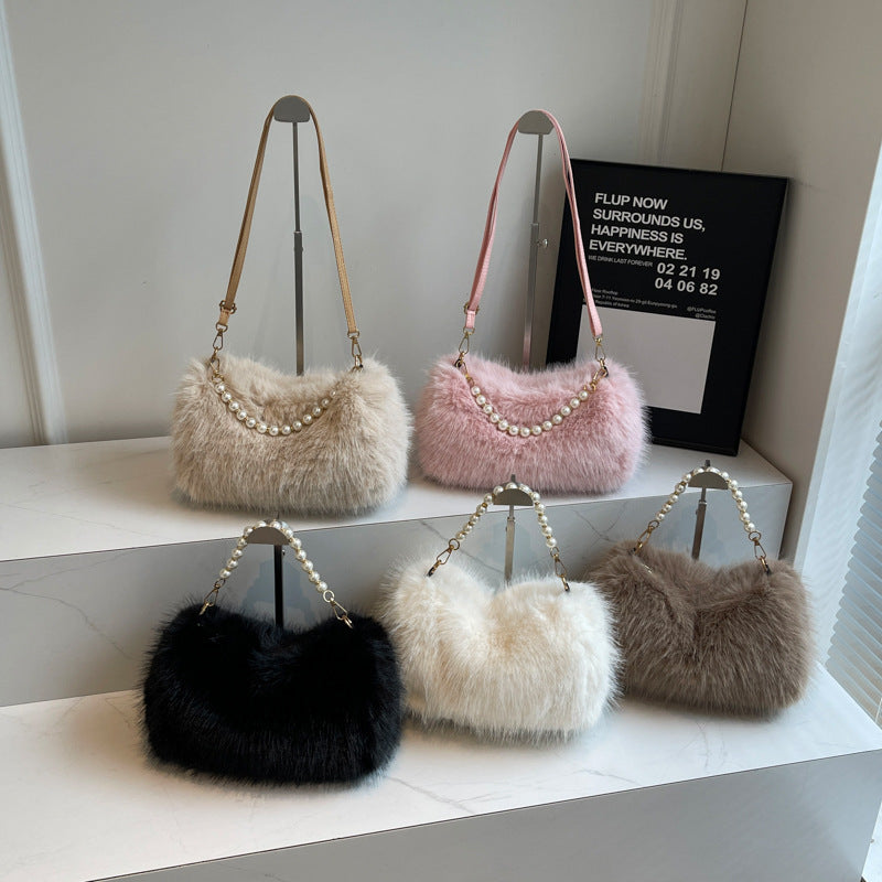Plush Shoulder Bag with Pearl Chain